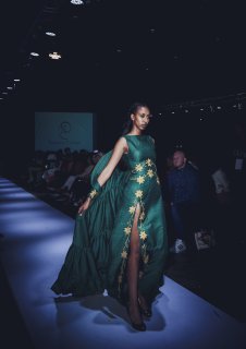 Emerald Gown with Gold Star Embroidery