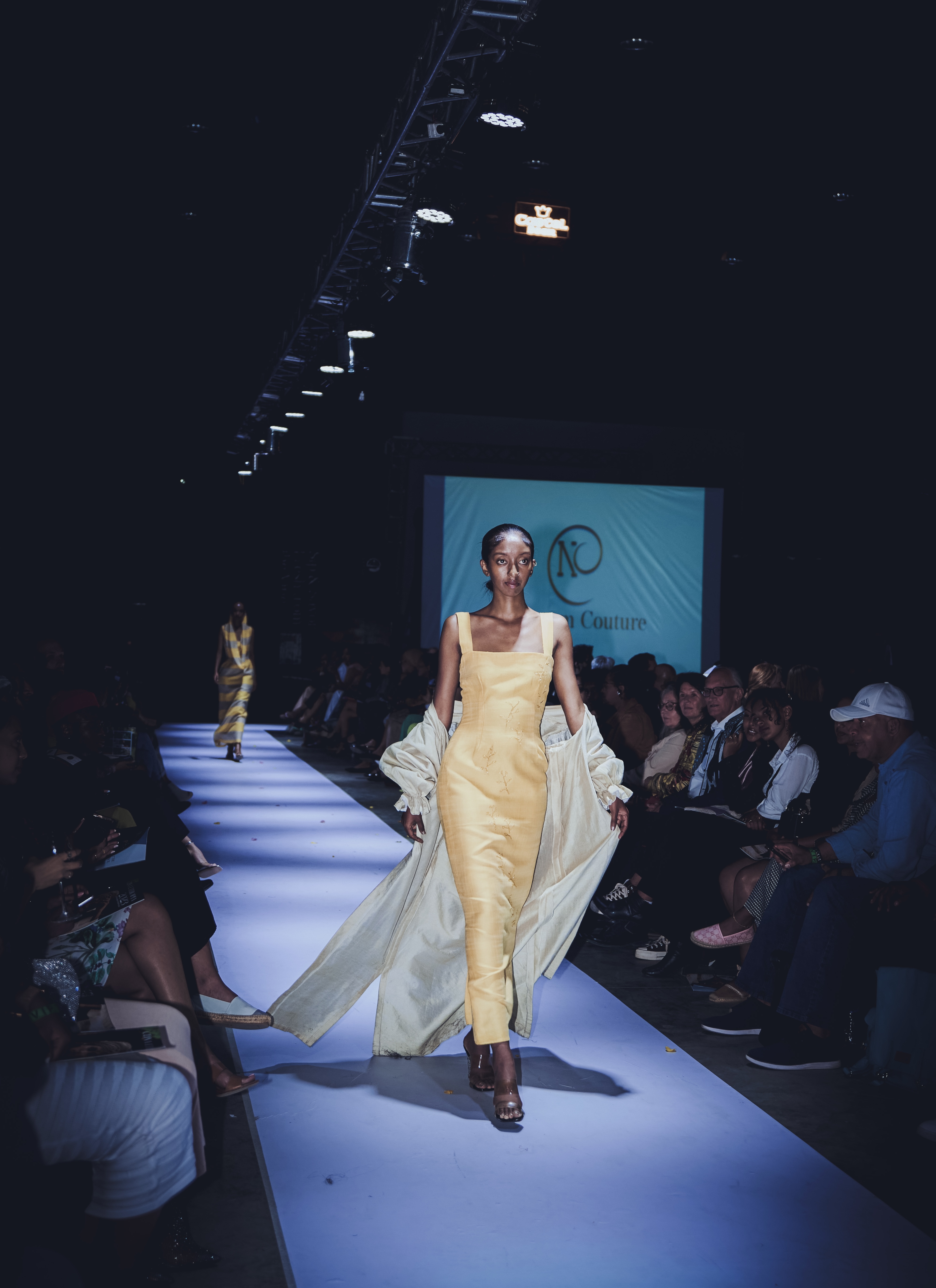 Fitted Yellow Dress with Flowing Duster Coat
