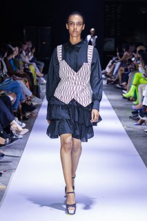 Layered Black Shirt Dress and Patterned Vest