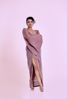 Women's Mauve Caftan Dress with Gold Trim and Slit