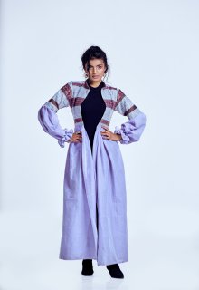 Women's Long Lilac Robe/Coat with Patterned Yoke and Voluminous Sleeves