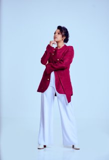 Women's Burgundy Asymmetrical Jacket with Gold Buttons
