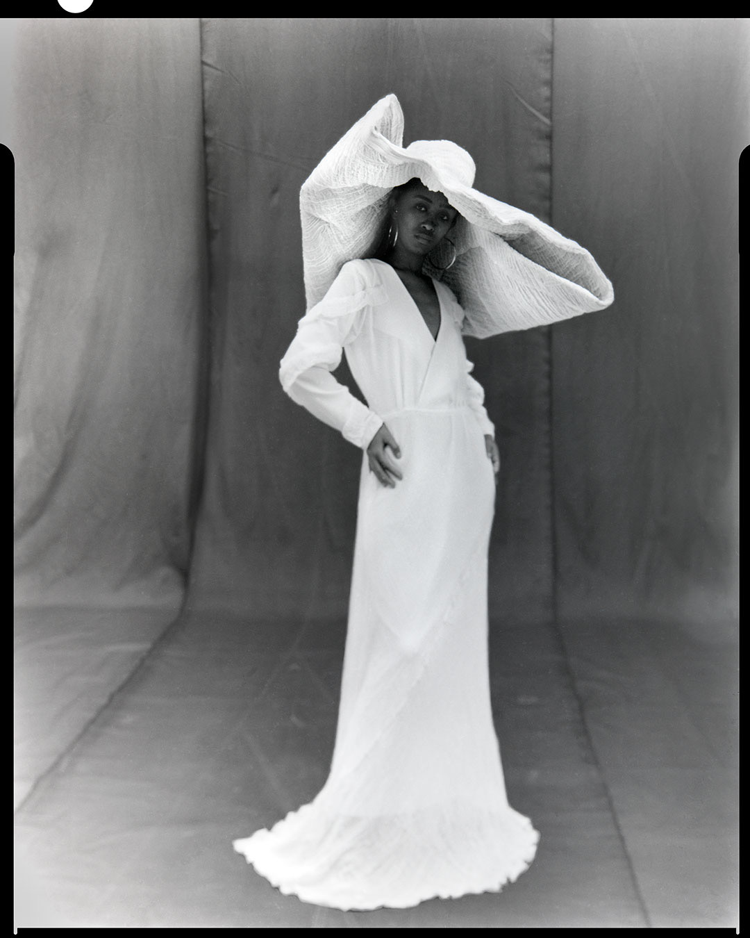V-Neck Gown with Dramatic Oversized Hat
