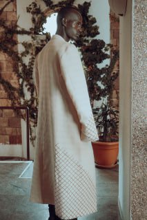 Men's Long Cream Coat with Diamond Texture