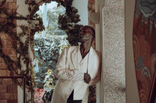 Men's Cream Blazer with Textured Diamond Pattern