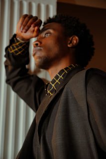 Men's Black Jacket with Embroidered Collar and Cuffs