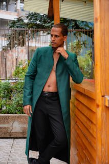 Men's Long Emerald Green Coat with Standing Collar